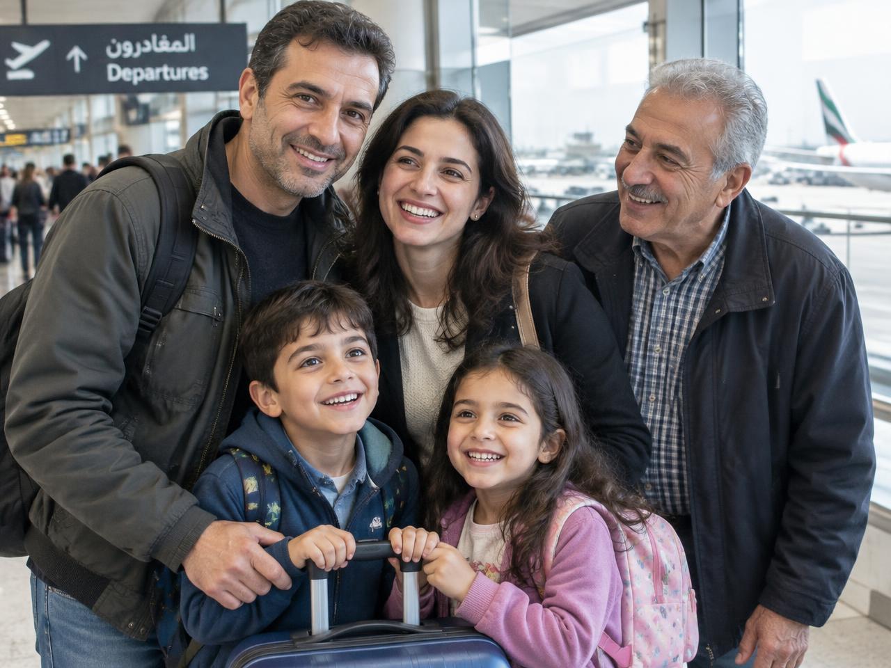 عائلة سعيدة تستعد للسفر في المطار